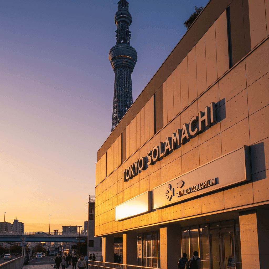 Tokyo Solamachi complex at the base of Tokyo Skytree at sunset